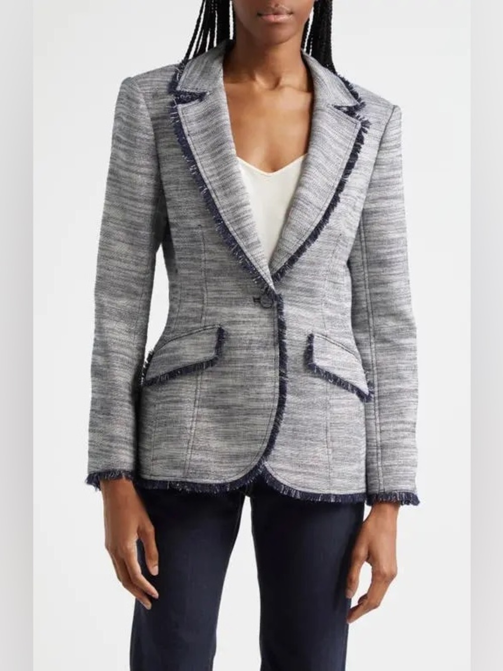 Cinq à Sept Sallie Metallic Fringe Linen Blend Blazer Navy Ivory 6 NWT Office